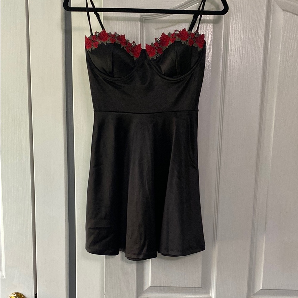 Windsor Black Mini Dress with Red Floral Accents